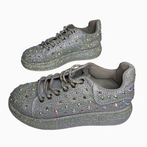 Azalea Wang Womens Azure Silver Rhinestone Sneaker Sz 10 Lace Up Baddie Flatform
